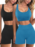 Workout Sets Seamless Ribbed Crop Tank High Waist Shorts Yoga Outfits