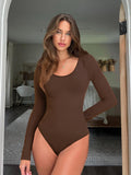 1  Piece Round Neck Long Sleeve Seamless Threaded Yoga Bodysuit