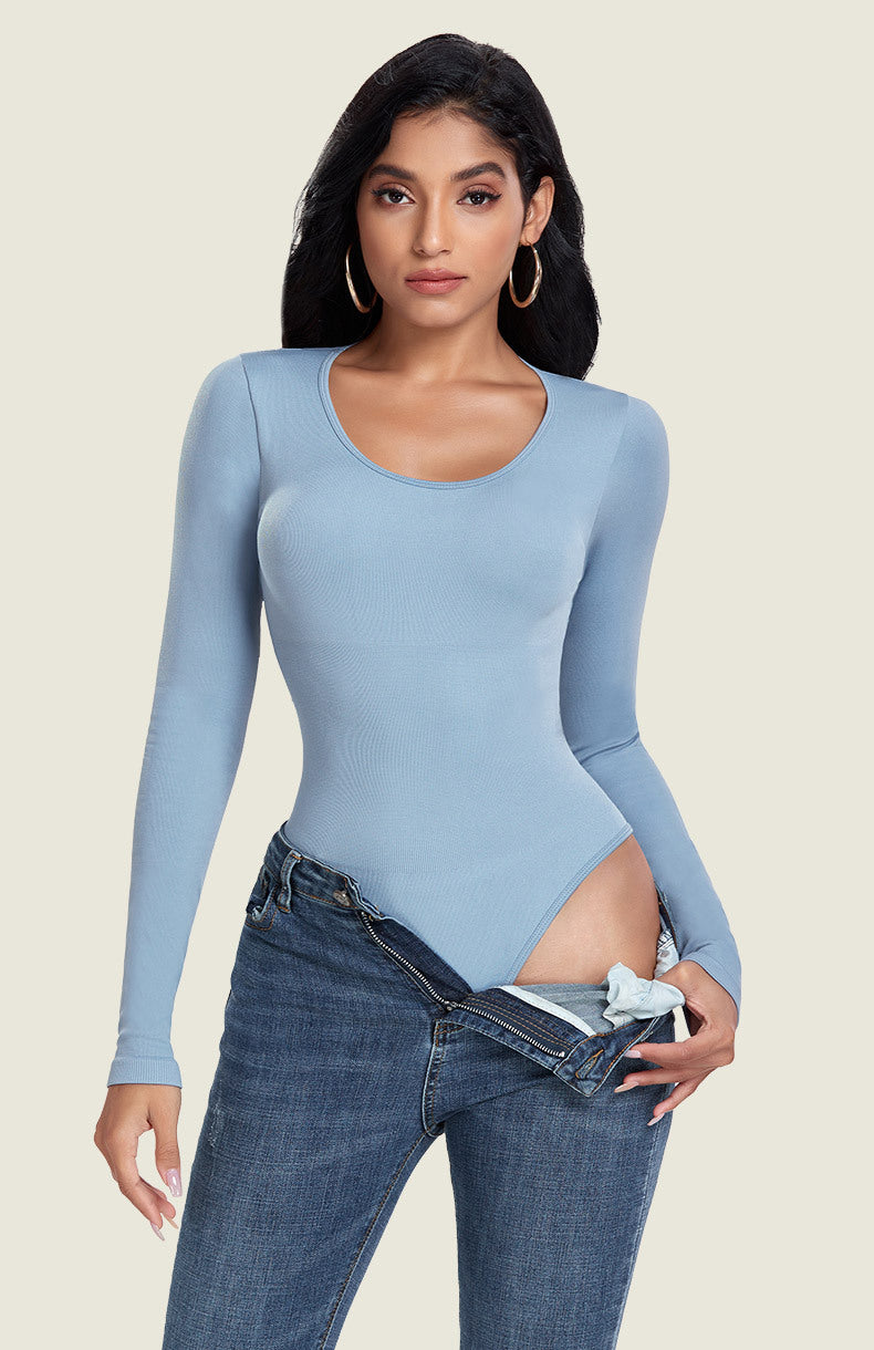 1  Piece Round Neck Long Sleeve Seamless Threaded Yoga Bodysuit