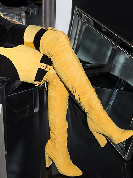 Mustard Yellow Suede Belt Thigh High Boots – OLCHEE