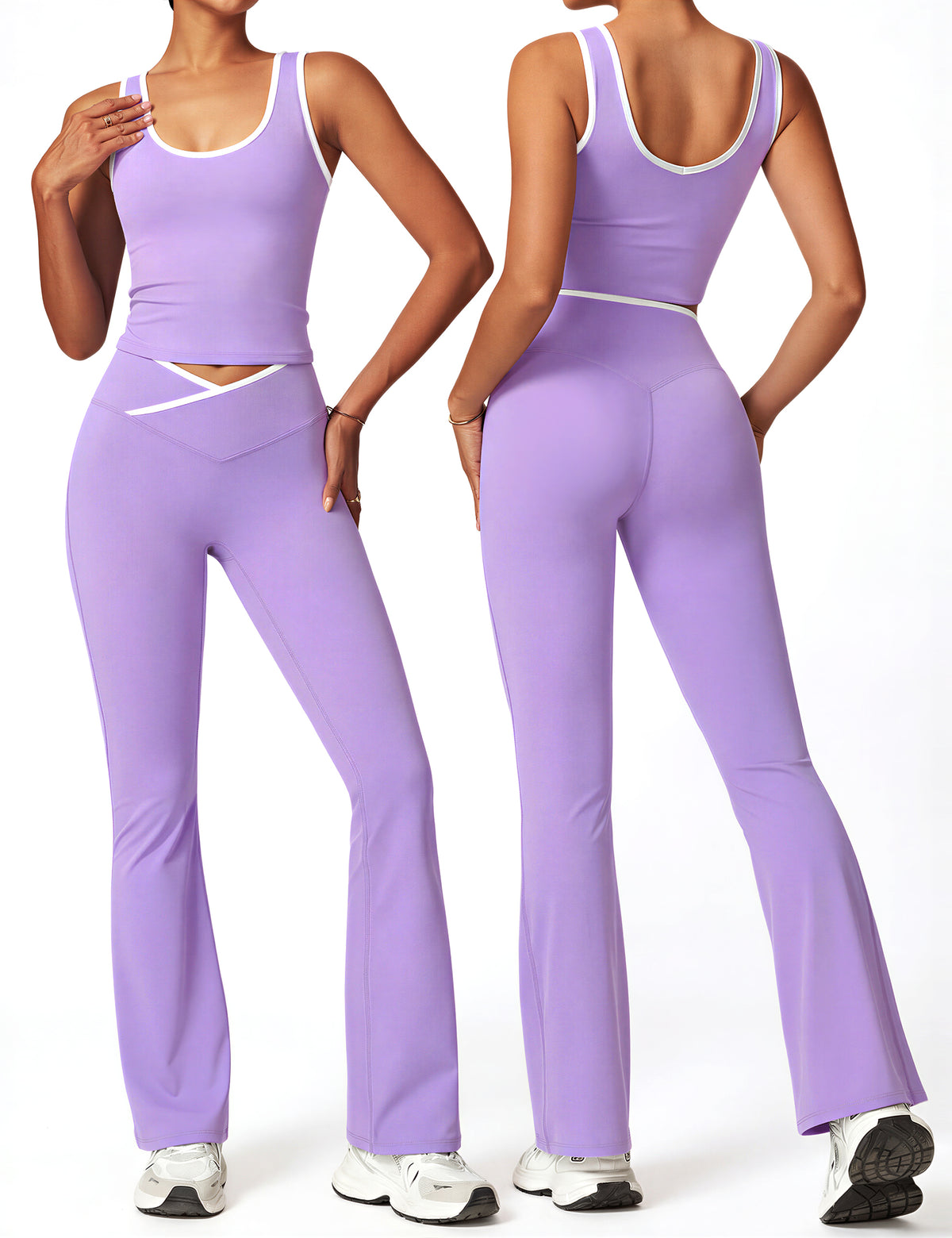 Womens Workout Sets 2 Piece Flare Leggings Contrast Trim Tank Top