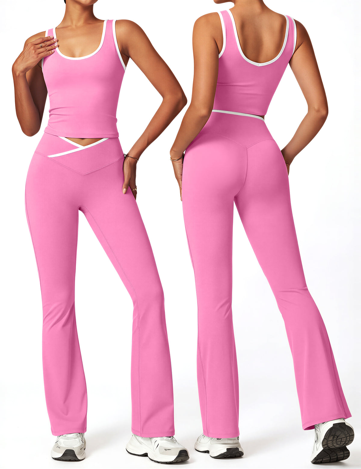Womens Workout Sets 2 Piece Flare Leggings Contrast Trim Tank Top