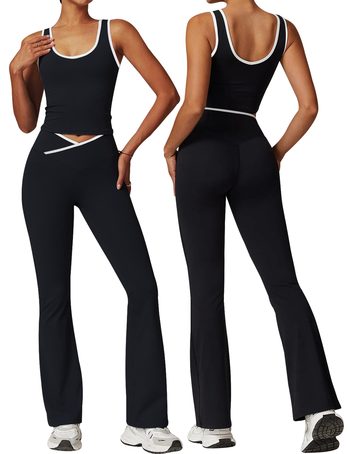 Womens Workout Sets 2 Piece Flare Leggings Contrast Trim Tank Top