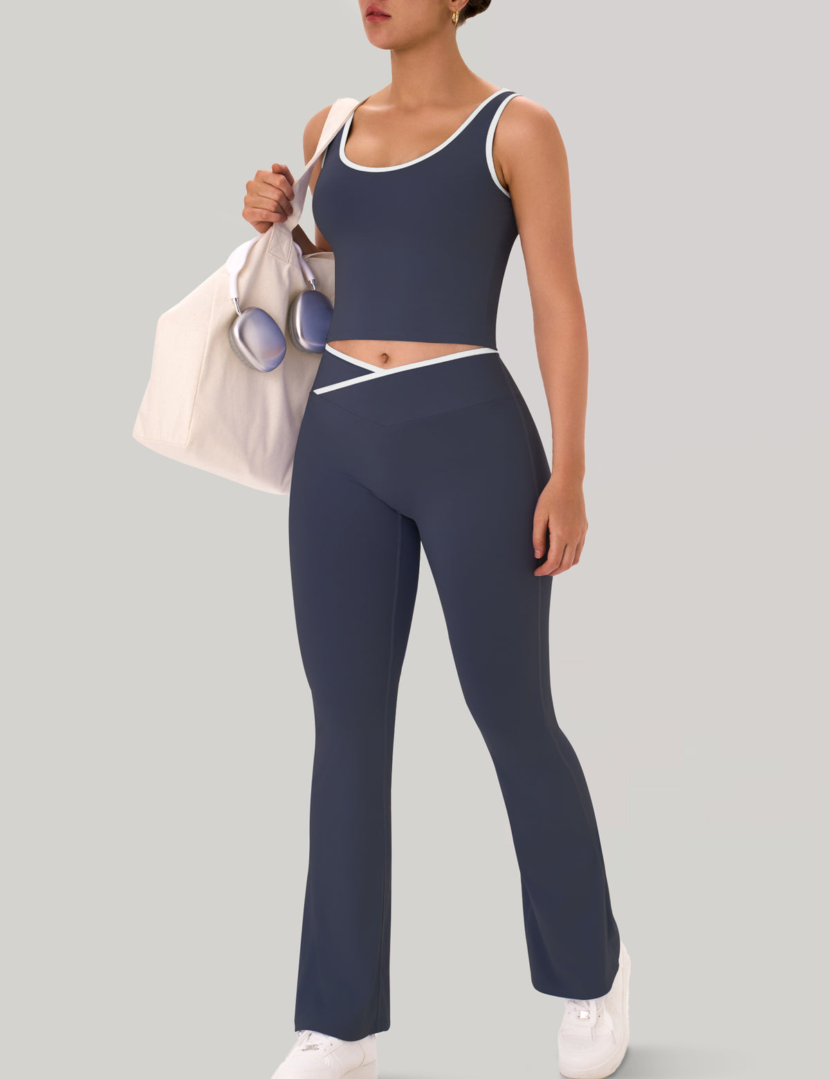 Womens Workout Sets 2 Piece Flare Leggings Contrast Trim Tank Top