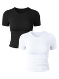 Crew Neck Ruched Stretch Basic Fitted Tee Shirts Tops