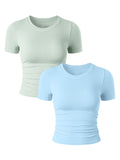 2 Piece Tee Shirts Crew Neck Ruched Stretch Fitted Crop Tops