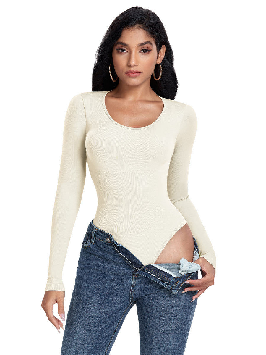 1  Piece Round Neck Long Sleeve Seamless Threaded Yoga Bodysuit