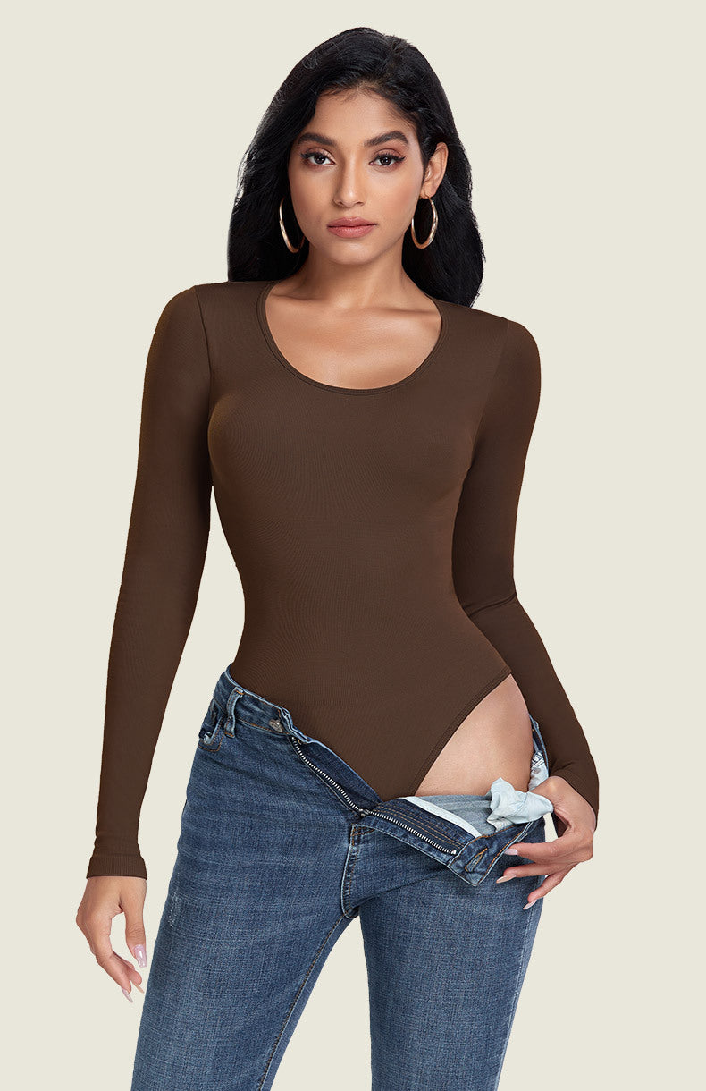1  Piece Round Neck Long Sleeve Seamless Threaded Yoga Bodysuit