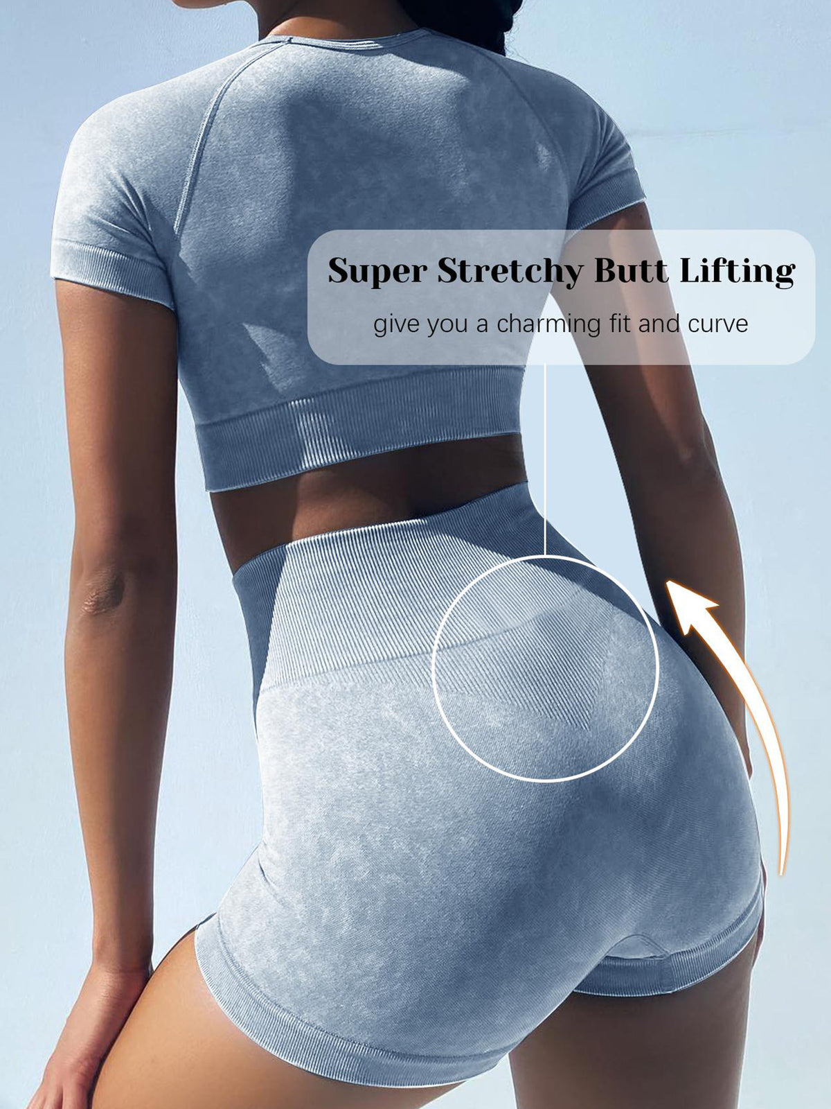Seamless Acid-wash Fabric Crew Neck Short Sleeve Crop Top and High Waist Shorts