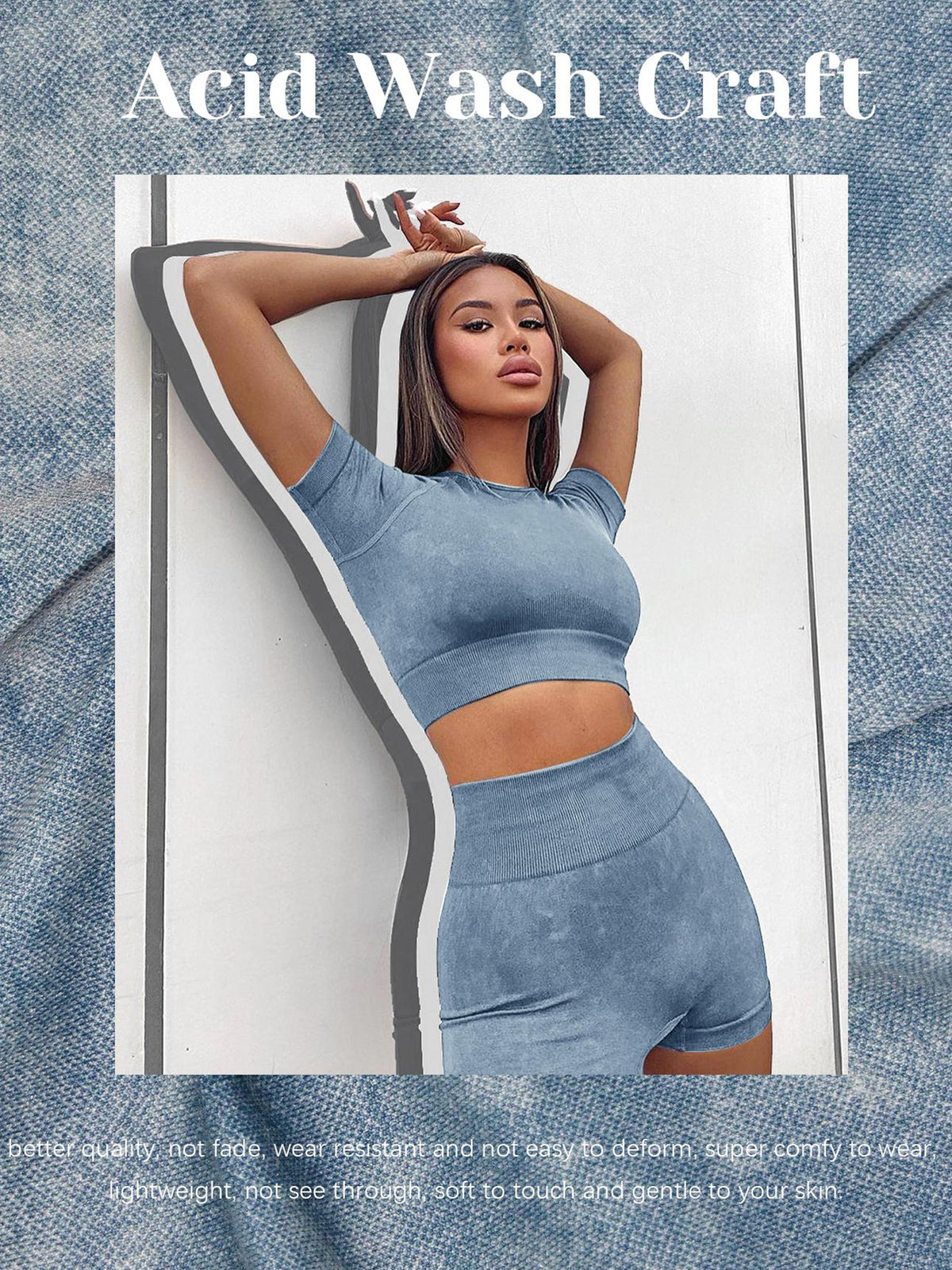 Seamless Acid-wash Fabric Crew Neck Short Sleeve Crop Top and High Waist Shorts