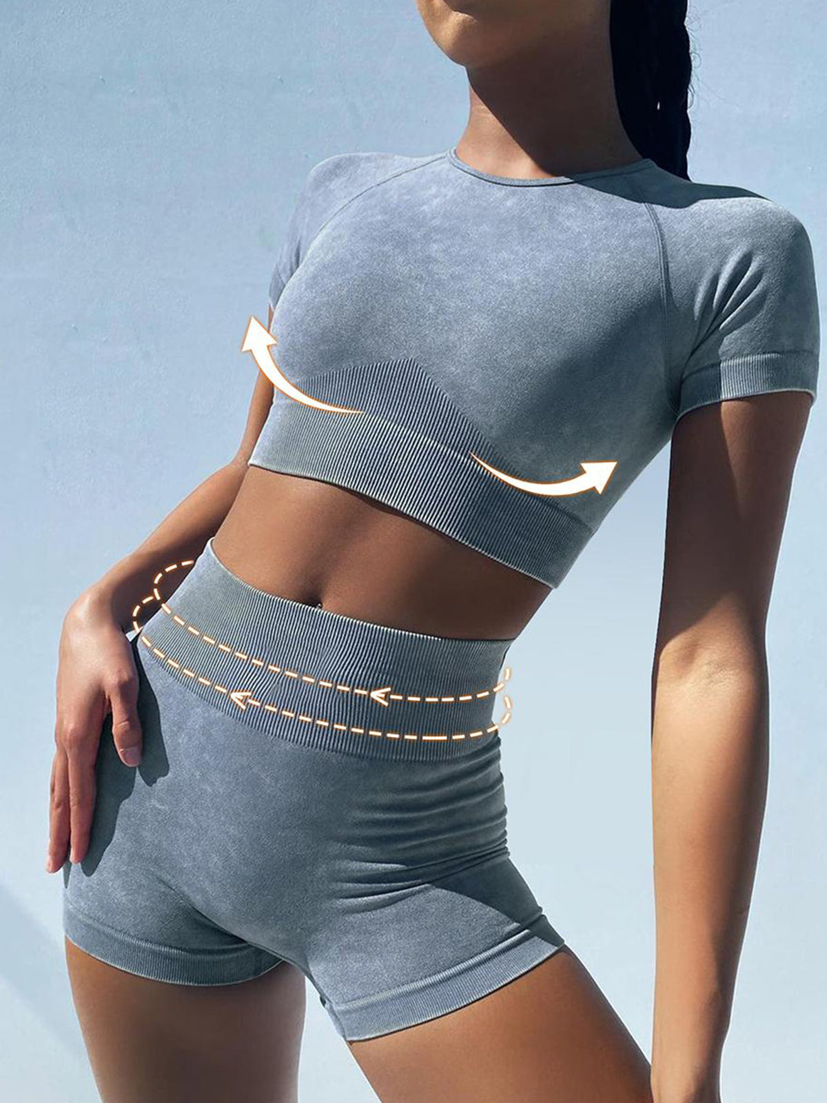 Seamless Acid-wash Fabric Crew Neck Short Sleeve Crop Top and High Waist Shorts