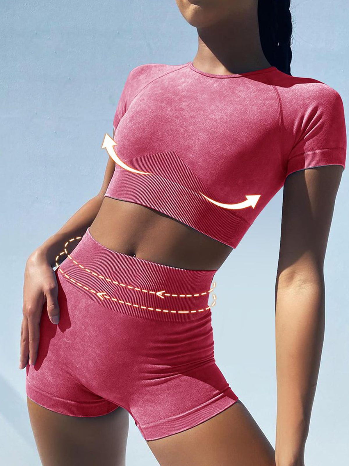 Seamless Acid-wash Fabric Crew Neck Short Sleeve Crop Top and High Waist Shorts