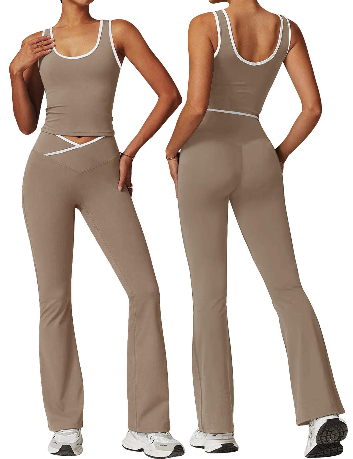 Womens Workout Sets 2 Piece Flare Leggings Contrast Trim Tank Top