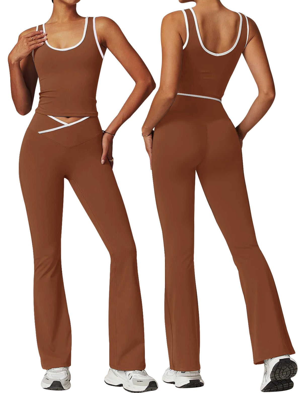 Womens Workout Sets 2 Piece Flare Leggings Contrast Trim Tank Top