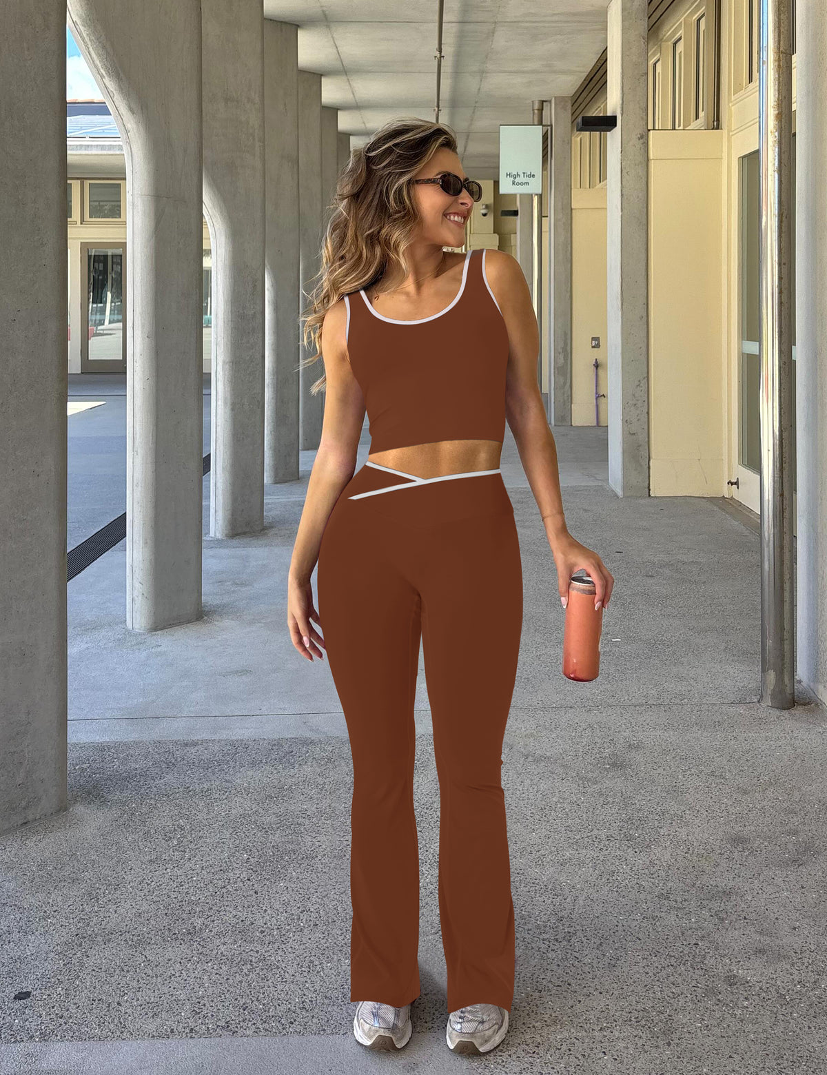Womens Workout Sets 2 Piece Flare Leggings Contrast Trim Tank Top