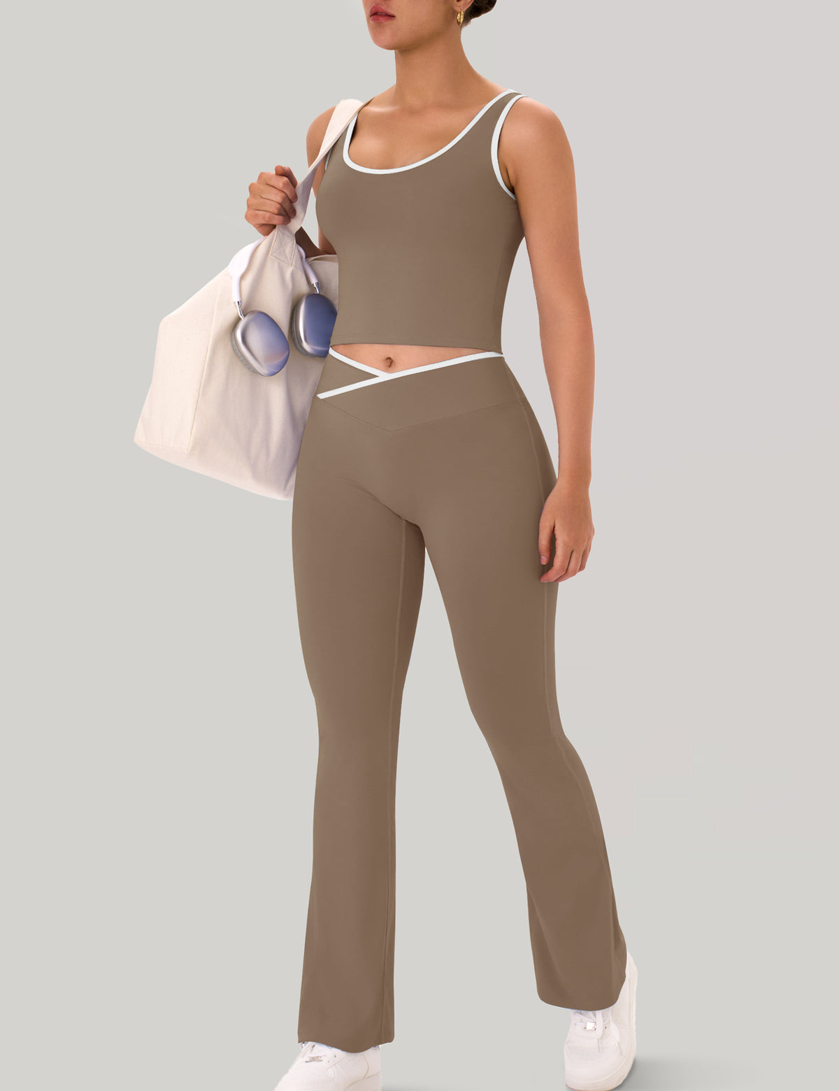 Womens Workout Sets 2 Piece Flare Leggings Contrast Trim Tank Top
