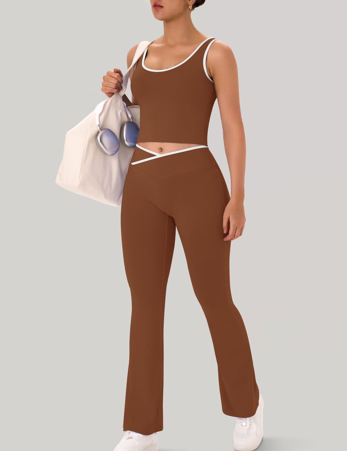 Womens Workout Sets 2 Piece Flare Leggings Contrast Trim Tank Top