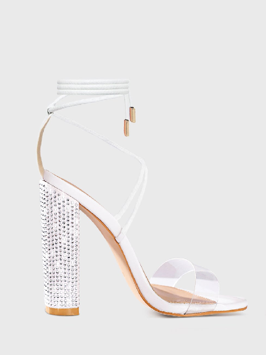 Rhinestone Ankle Strappy Clear Chunky High Heels Sandals