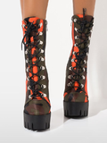 Lace Up Chunky Heel Boots Round Toe Platform Mid-Calf Ankle Boots