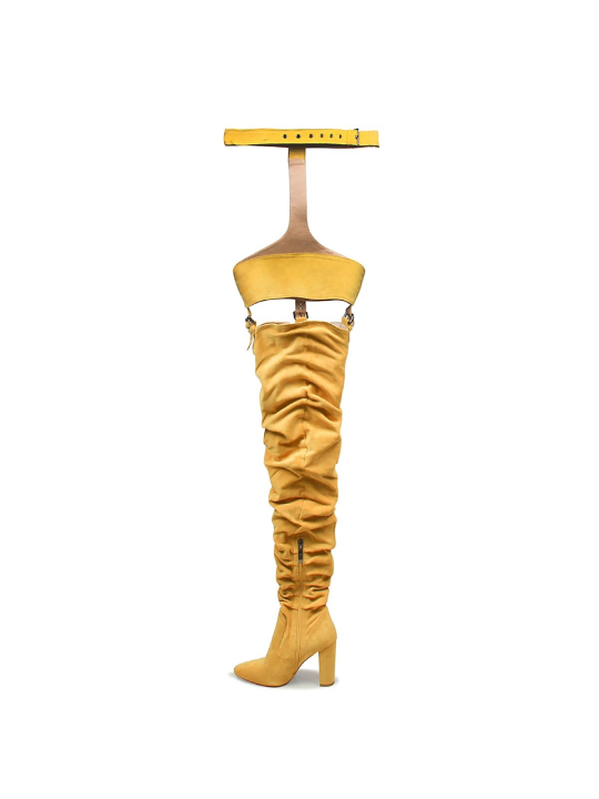 Mustard Yellow Suede Belt Thigh High Boots