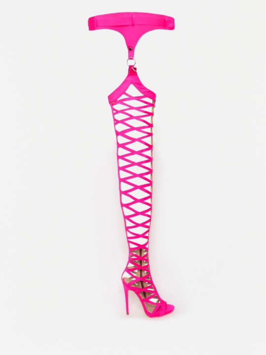 Neon Pink Thigh High Cut-Out Sandal Boots