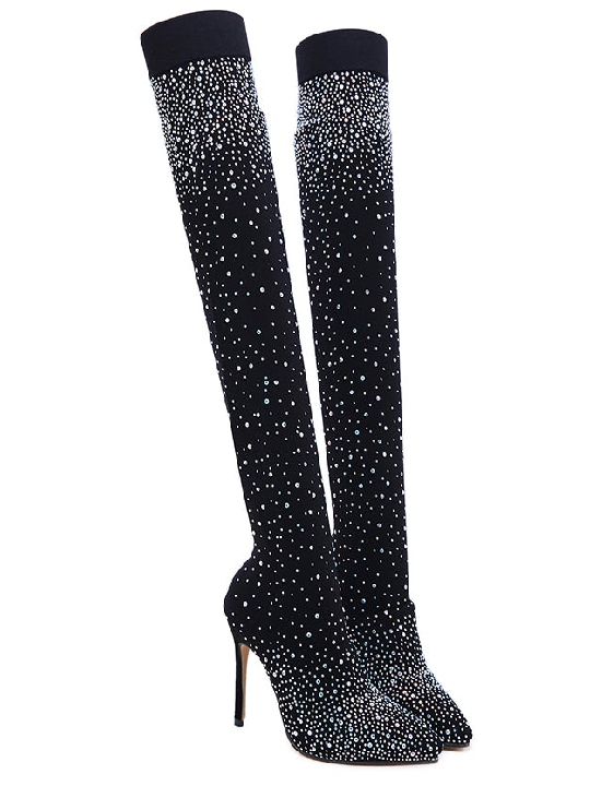 Rhinestone Pointed High Heel Over the Knee Boots