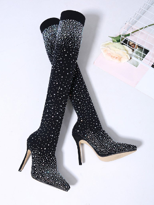 Rhinestone Pointed High Heel Over the Knee Boots