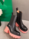 Color Block Heel Round Toe Side Elastic Band Martin Ankle Boots