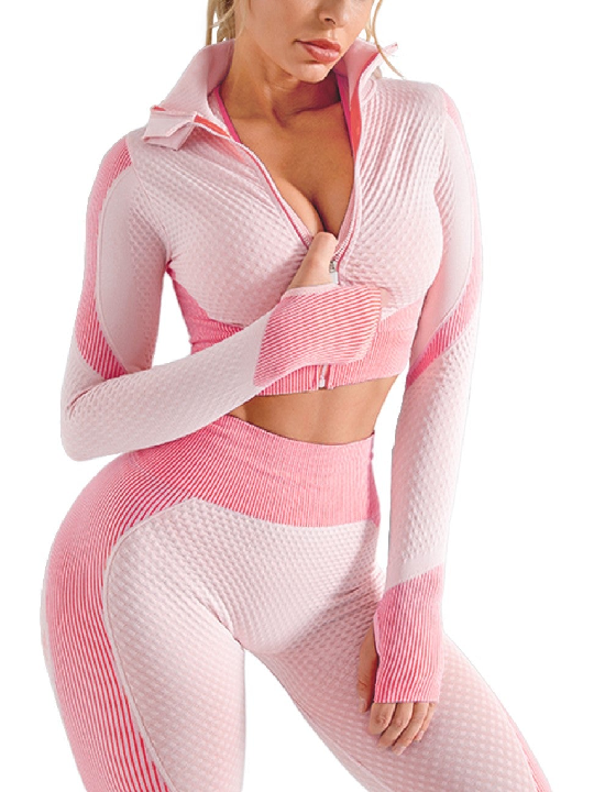 2 piece Zipper Long Sleeve Patchwork Set