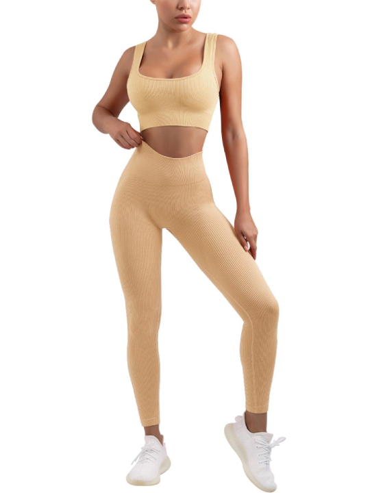 Women's Sexy 2 Piece Workout Suit-Seamless Ribbed Leggings and Square –  OLCHEE