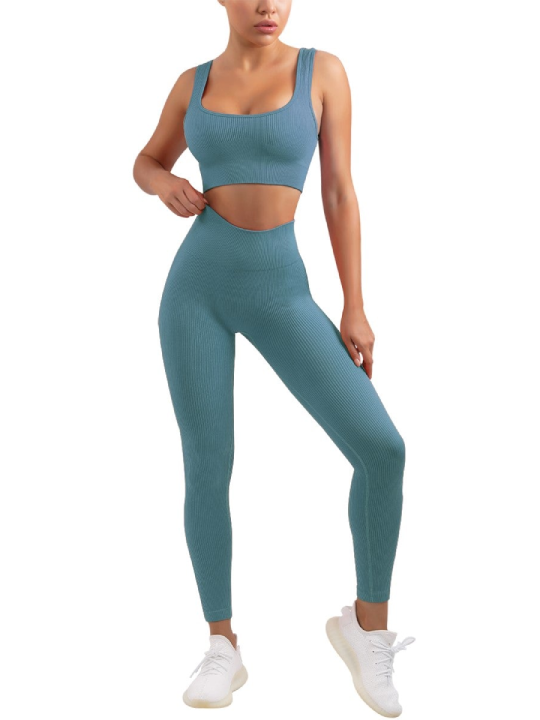 Women's Sexy 2 Piece Workout Suit-Seamless Ribbed Leggings and Square Cut Sports Bra Yoga Sportswear Set