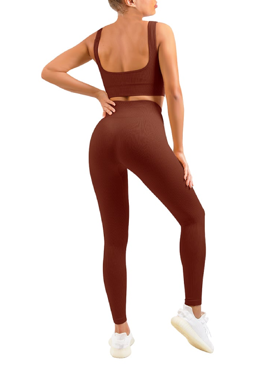 Women's Sexy 2 Piece Workout Suit-Seamless Ribbed Leggings and Square Cut Sports Bra Yoga Sportswear Set